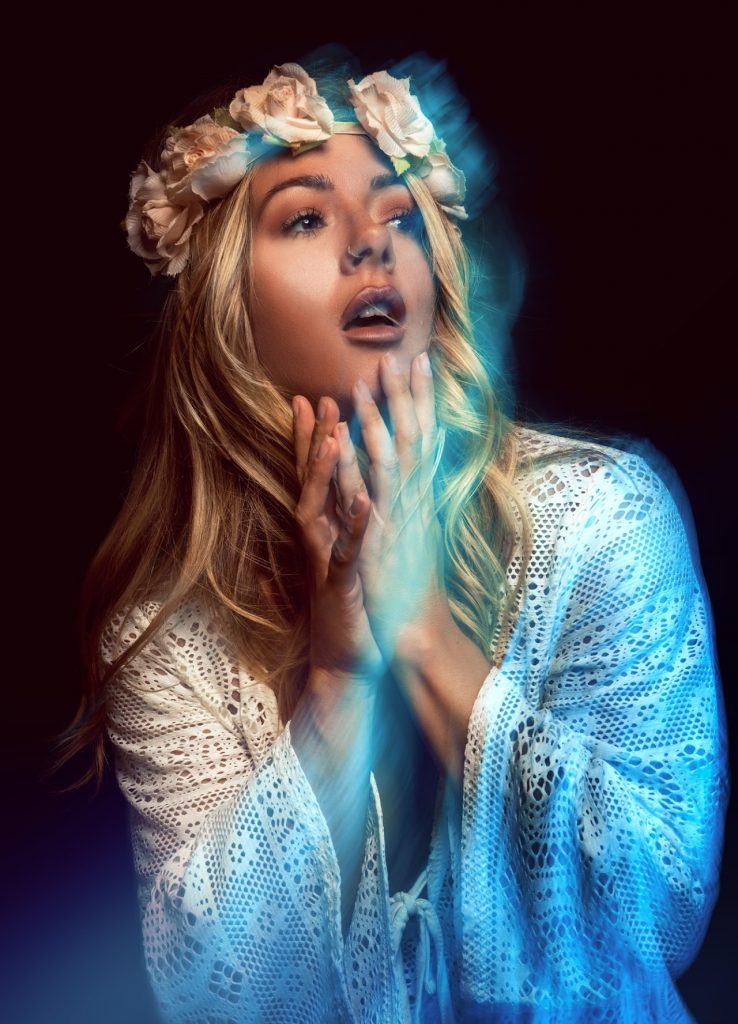 Mixed lighting portrait using rear-sync flash and a Govee RGB Floor Lamp