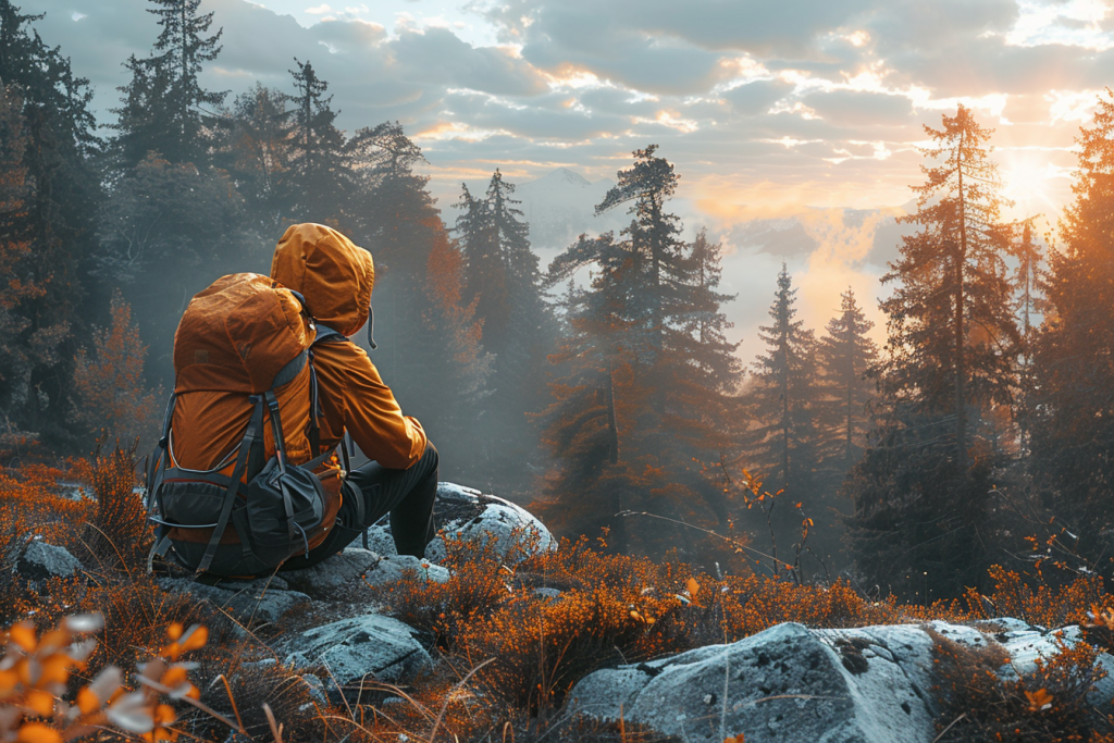 Enjoying a forest landscape at sunset